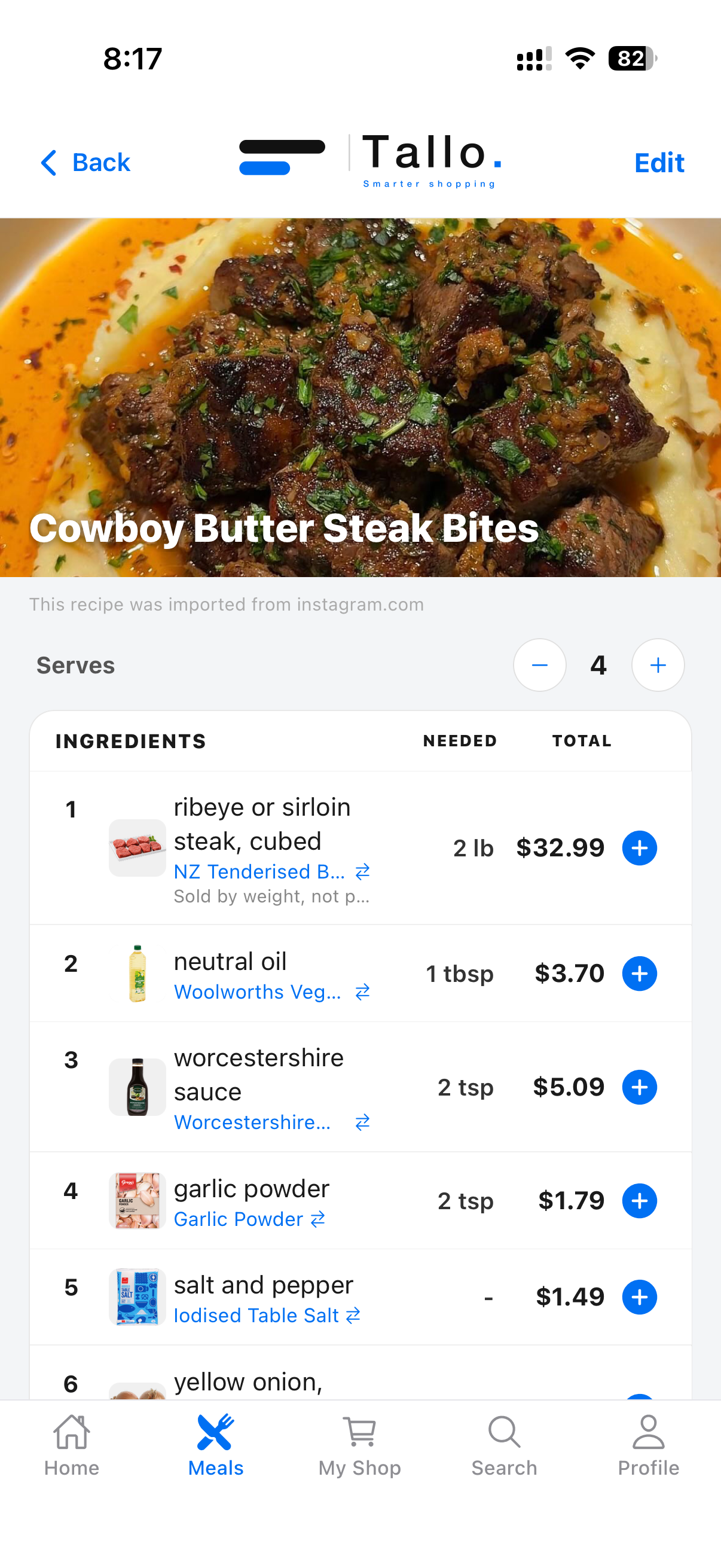 Tallo imported recipe showing matched ingredients and totals