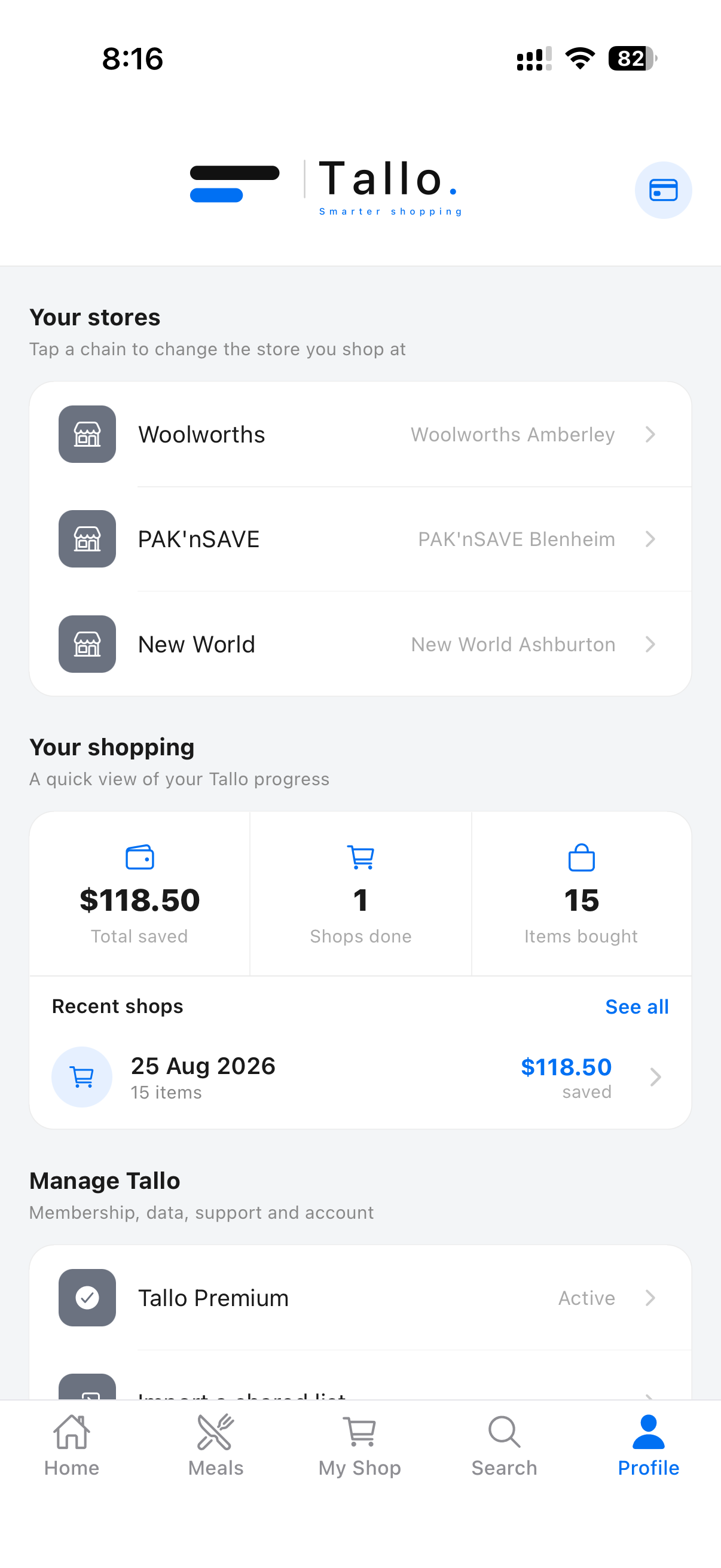 Tallo profile showing savings and recent shops